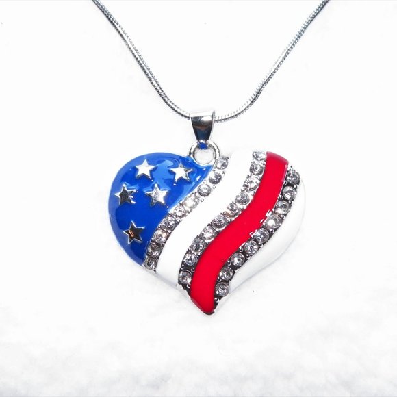 💙🇺🇸❤️ 18" Silver Patriotic Enamel Necklace American Flag Heart - Picture 7 of 12